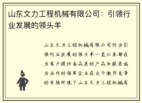 山东文力工程机械有限公司：引领行业发展的领头羊