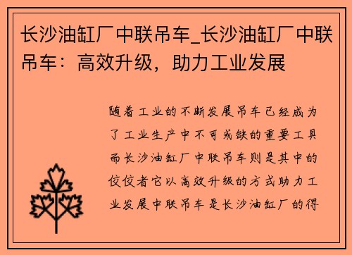 长沙油缸厂中联吊车_长沙油缸厂中联吊车：高效升级，助力工业发展